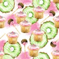 watercolor seamless pattern donuts, ÃÂandy and ÃÂupcake